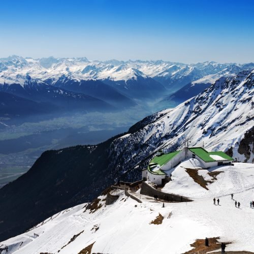 Beautiful Landscape with Snowy Mountains. Blue Sky. Horizontal. Alps, Austria.